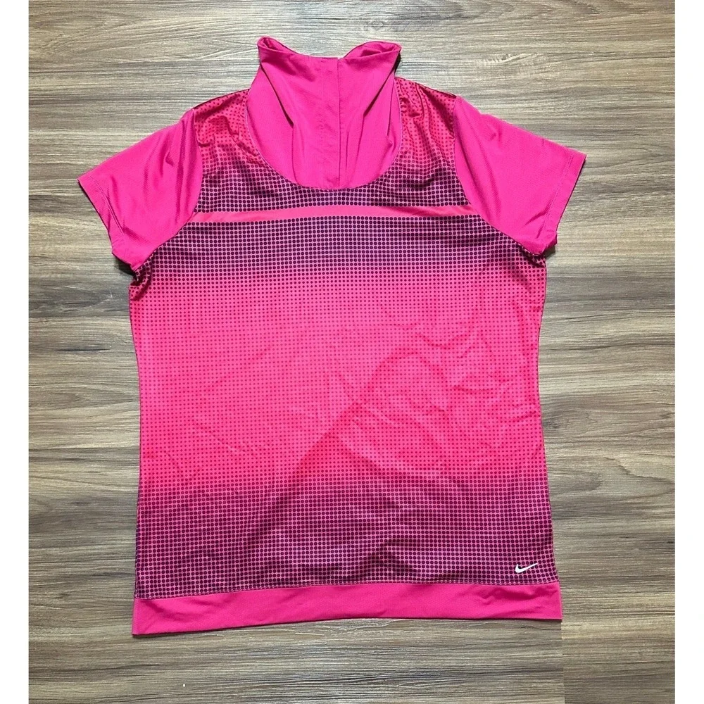 Nike Golf Tour Performance Women Pink Dot Print Snap Polo Mock Neck Shirt Sz XL